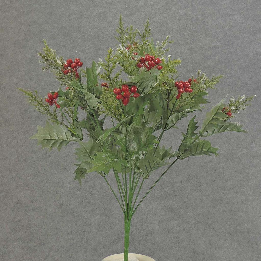 HOLLY/BERRIES/PINE W/SNOW BUSH X14 20"