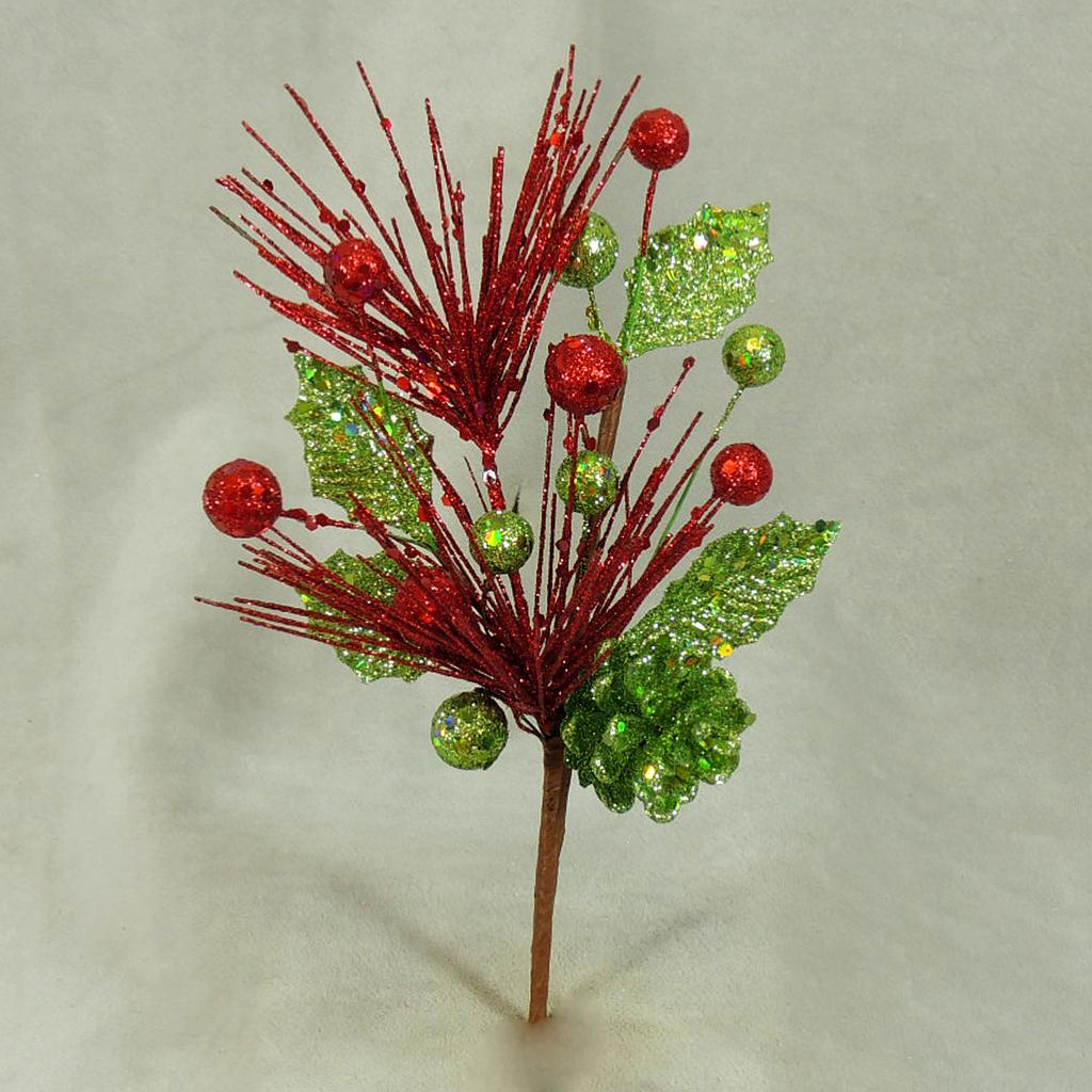8.5" GLITTER SPRAY W/CONE&BERRY (6/BG) RED/GRN