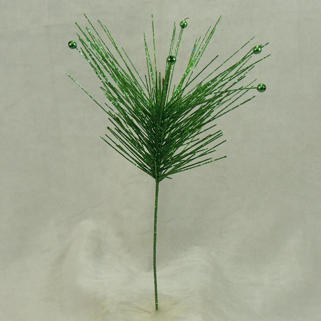 15" GLITTER PINE/BEAD SPRAY GREEN