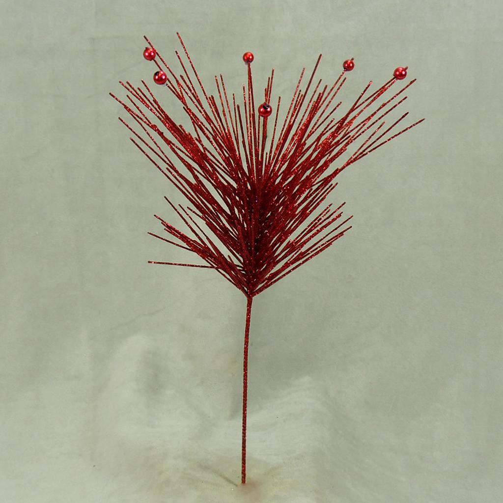 15" GLITTER PINE/BEAD SPRAY RED