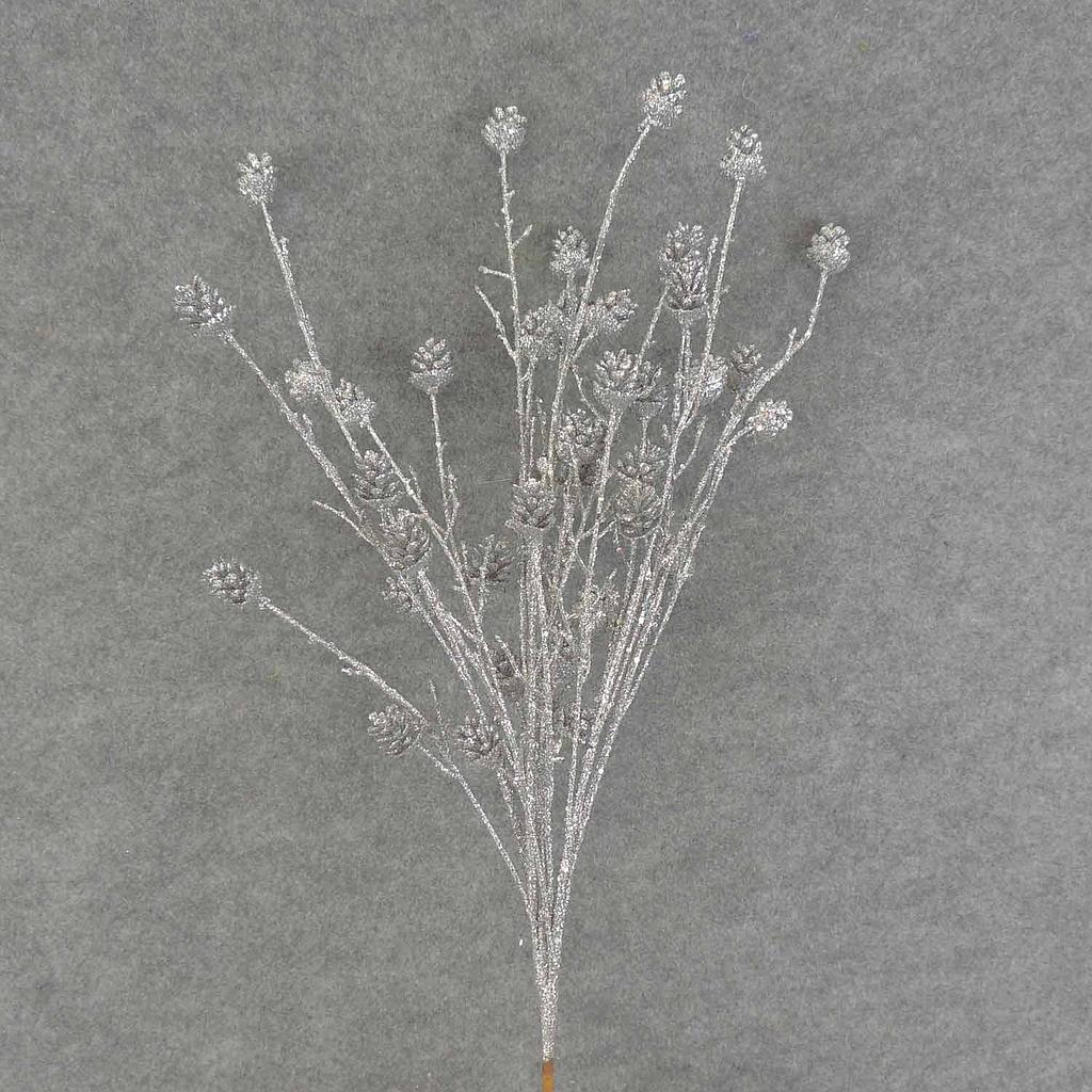 25" TWIG/CONE SPRAY X9 GLITTER SILVER