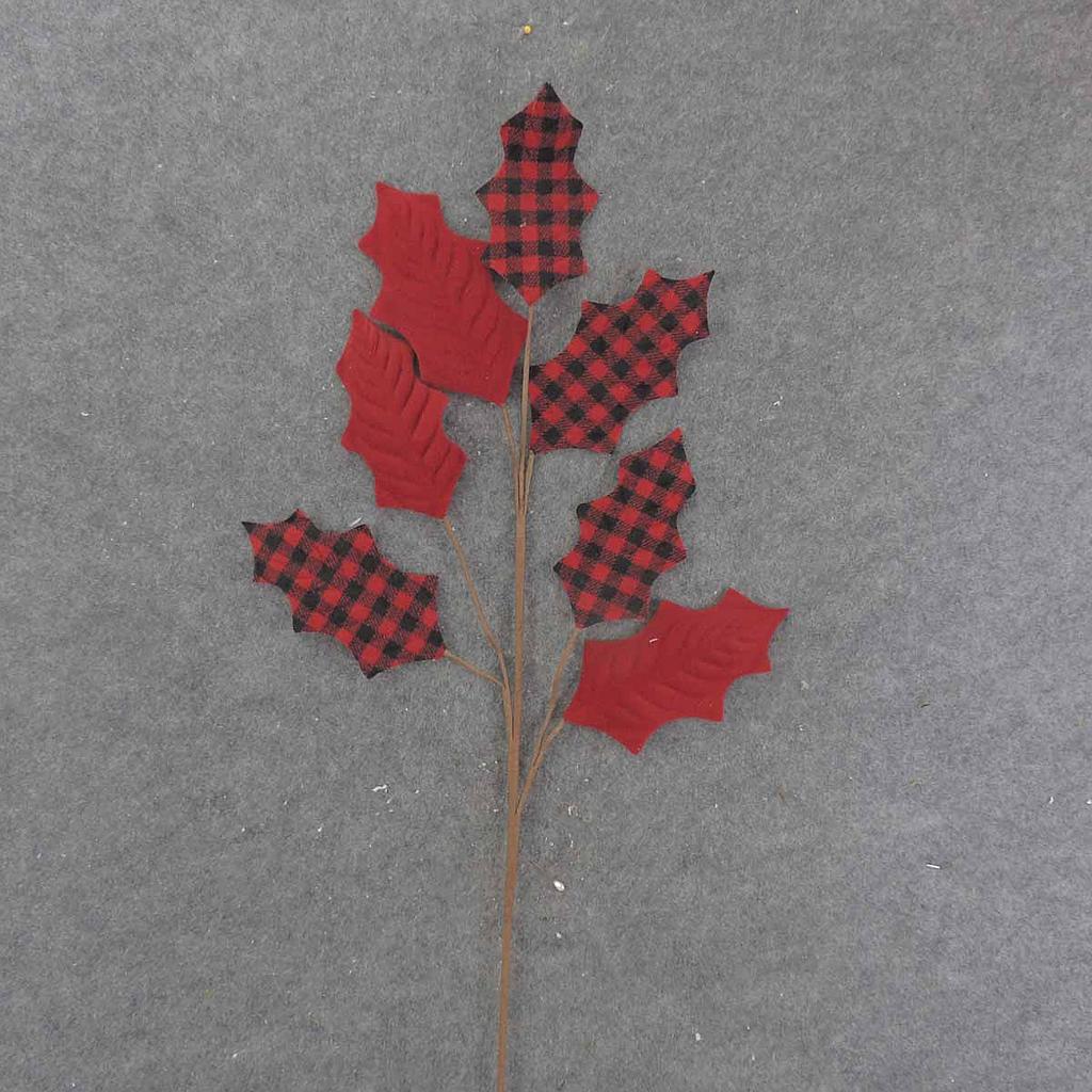 33" HOLLY LEAF SPRAY RED/BLACK PLAID
