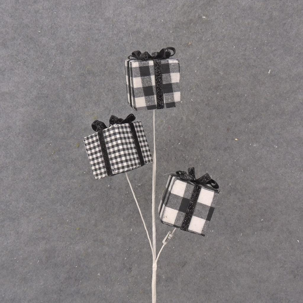 24" GIFT BOX SPRAY X3 BLACK/WHITE PLAID MIX