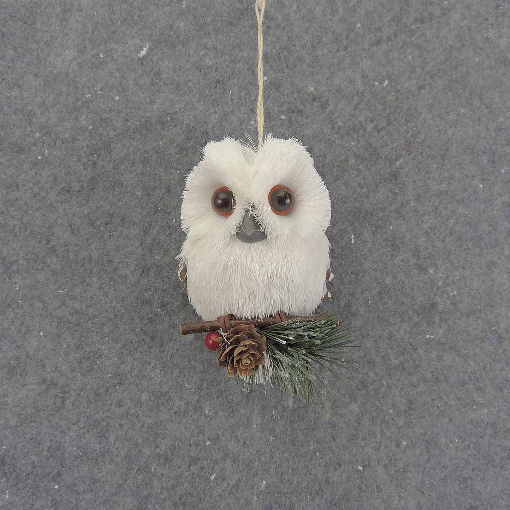 [XL9023] 6" SNOWY SISAL OWL HANGER WHITE W/PINE & CONES