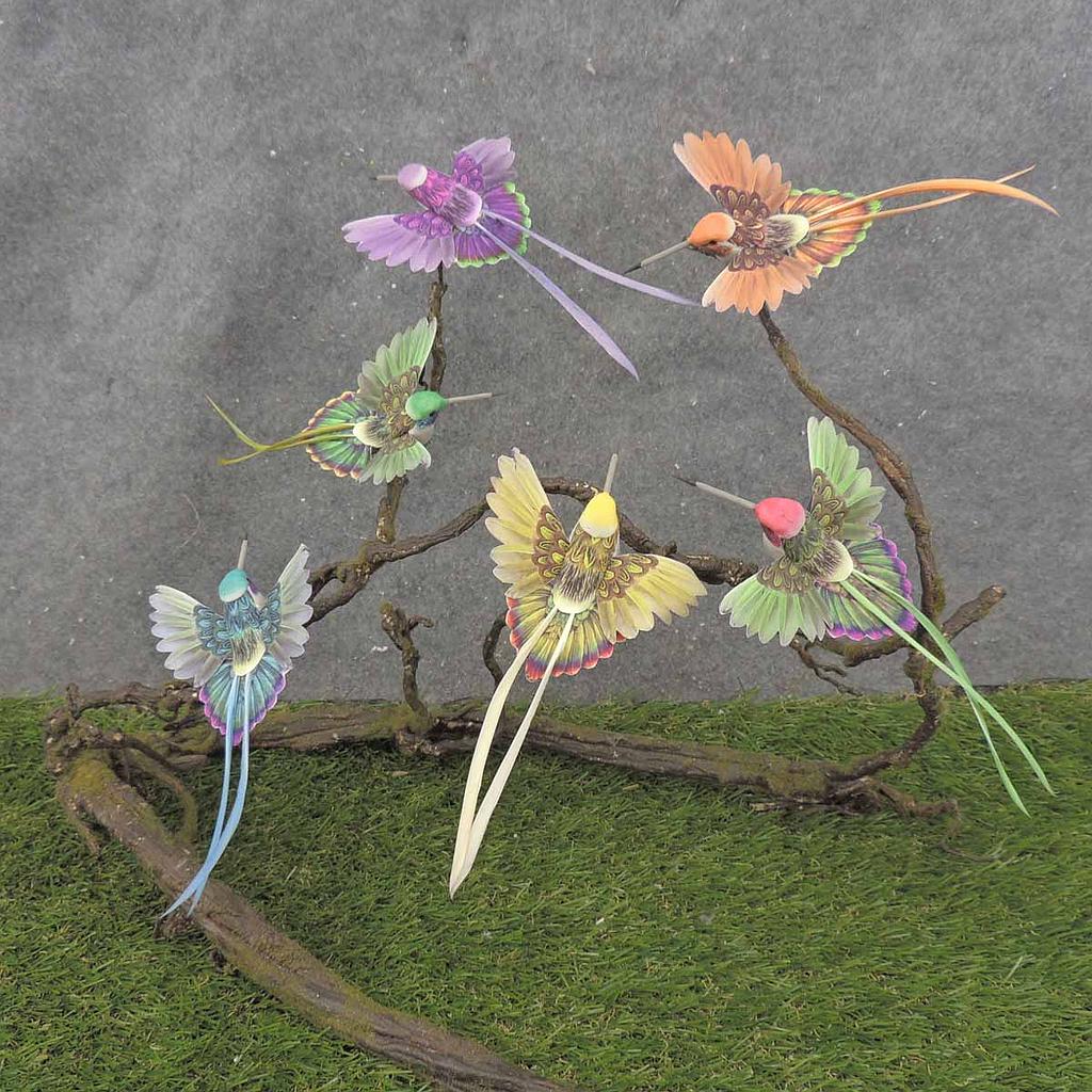 [BN0000] 6.75" HUMMINGBIRD (4" x3.25" BODY) 6-ASST W/FEATHER TAIL W/CLP