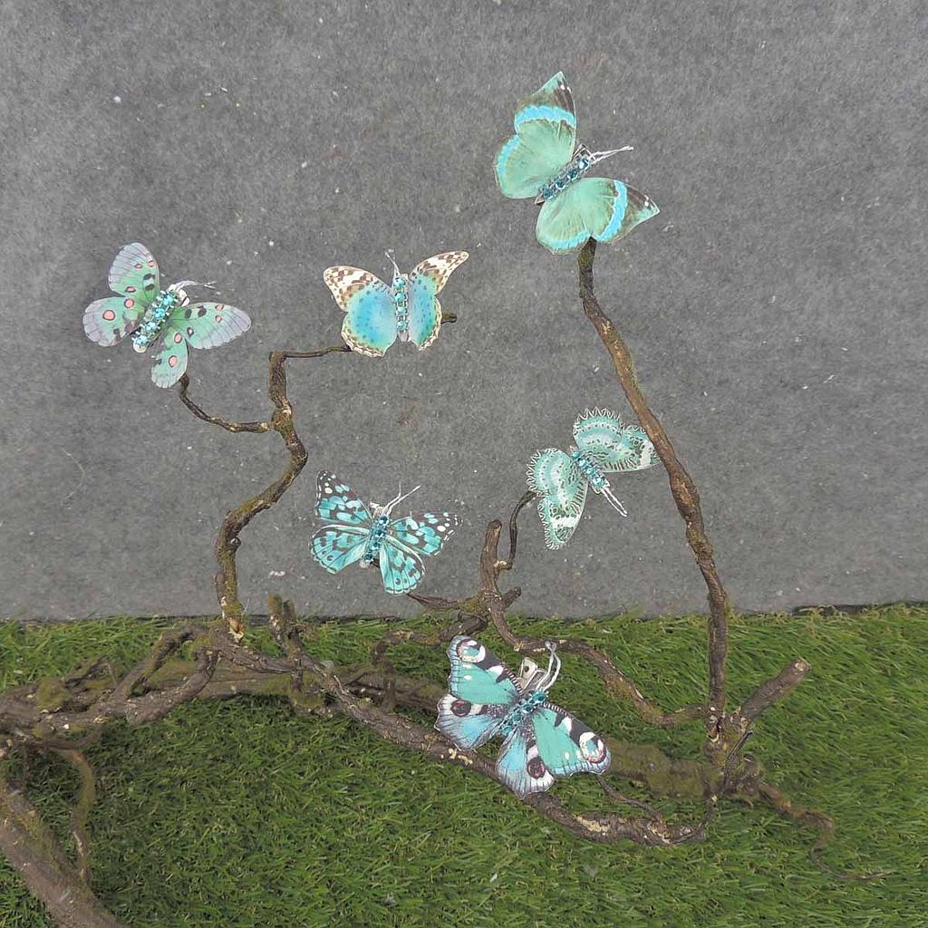 2.25" 6-ASSORTED BUTTERFLIES W/GEMS  BLUE/GREEN MIX W/CLP