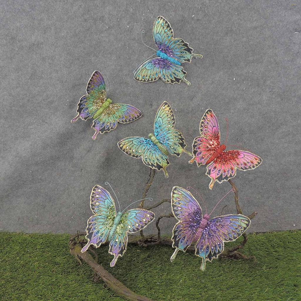 6.5" 6-ASST BUTTERFLIES W/GLITTER & GEMS  W/CLP