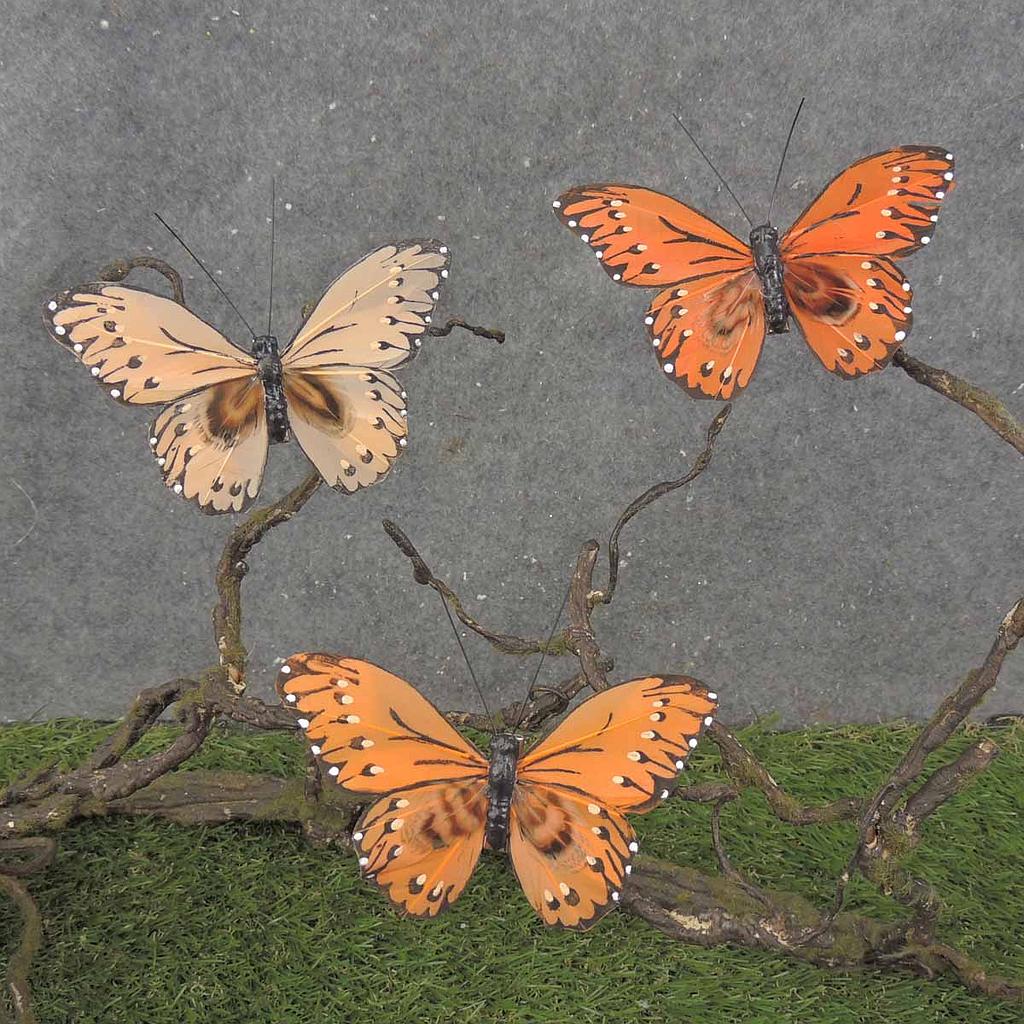 4" FEATHER BUTTERFLY 3-ASST ORANGE MIX W/CLP