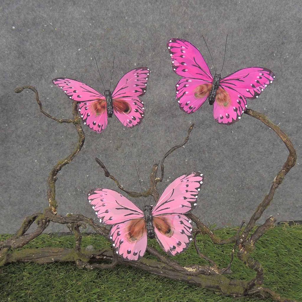 4" FEATHER BUTTERFLY 3-ASST PINK MIX W/CLP