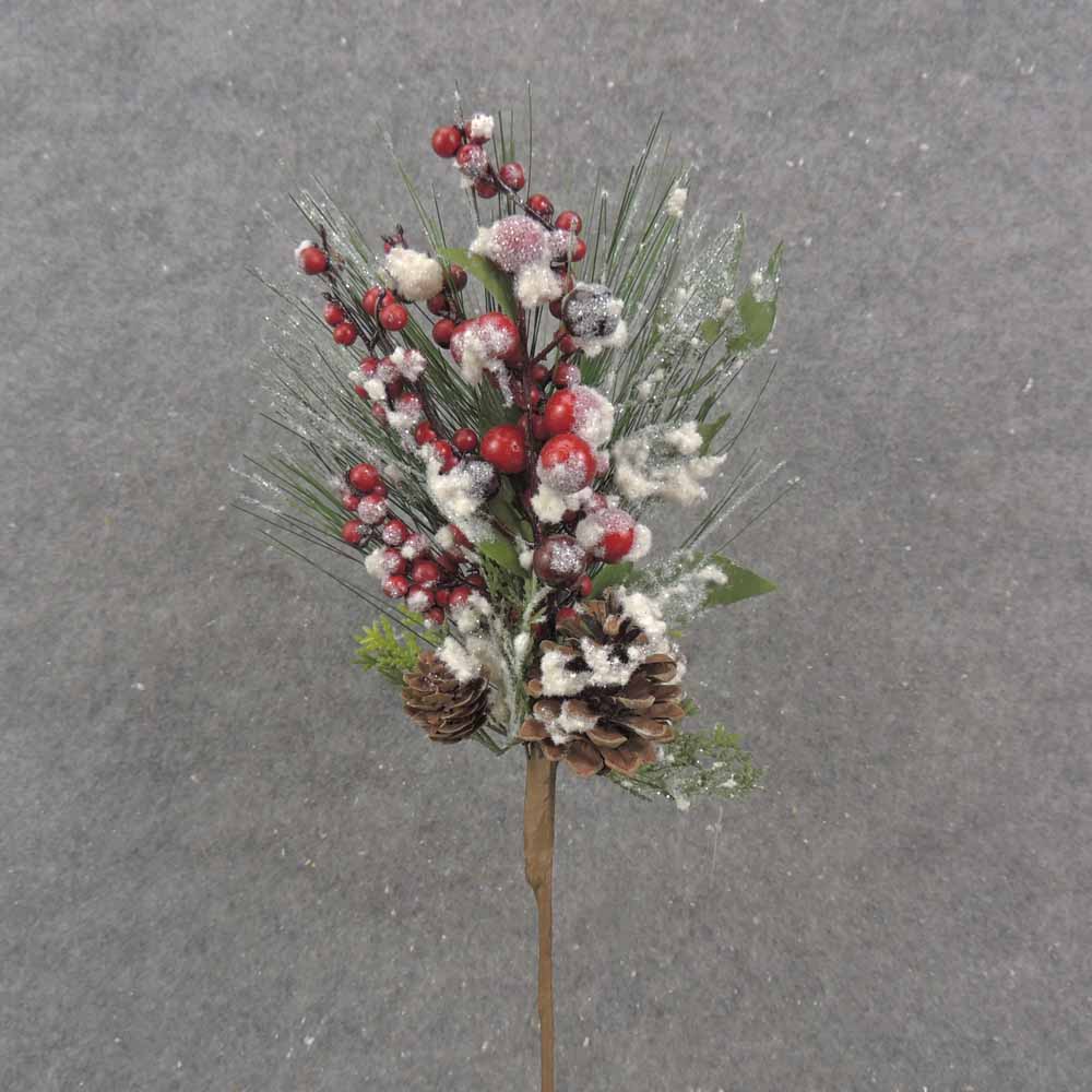 13&quot; BERRY CLUSTER &amp; PINE PICK W/PINECONE &amp; SNOW
