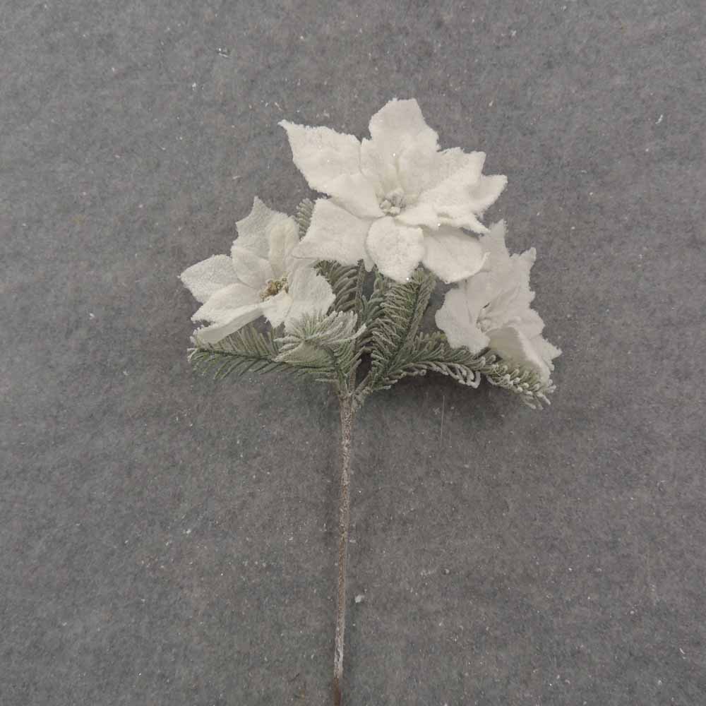 16" WHITE POINSETTIA SPRAY W/PINE (FLOCKED)