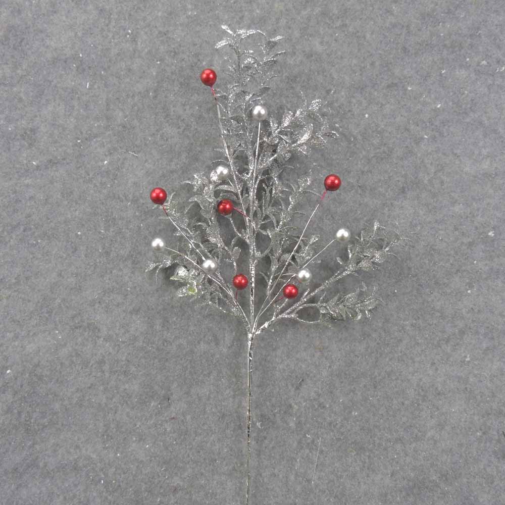 16&quot; SILVER GLITTER EUCALYPTUS BUSH W/RED &amp; SILVER BALLS