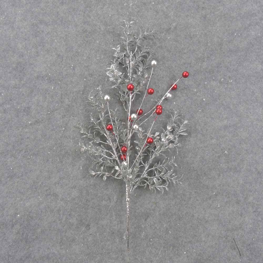 24" SILVER GLITTER EUCALYPTUS SPRAY W/RED & SILVER BALLS