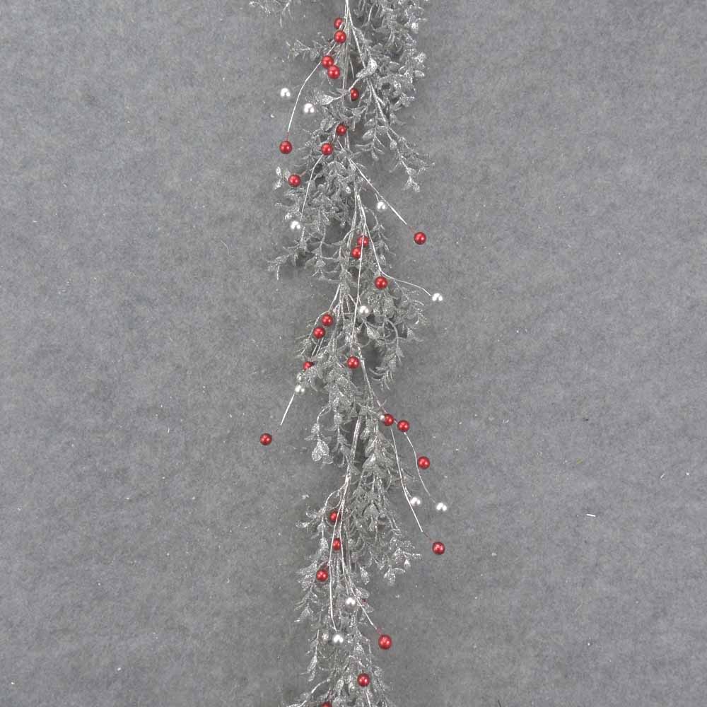 5' SILVER GLITTER EUCALYPTUS GARLAND W/RED & SILVER BALLS