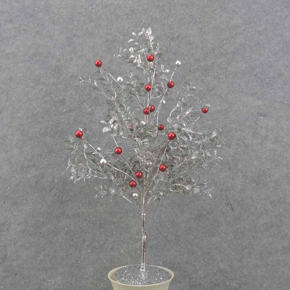 18" SILVER GLITTER EUCALYPTUS TREE W/RED & SILVER BALLS