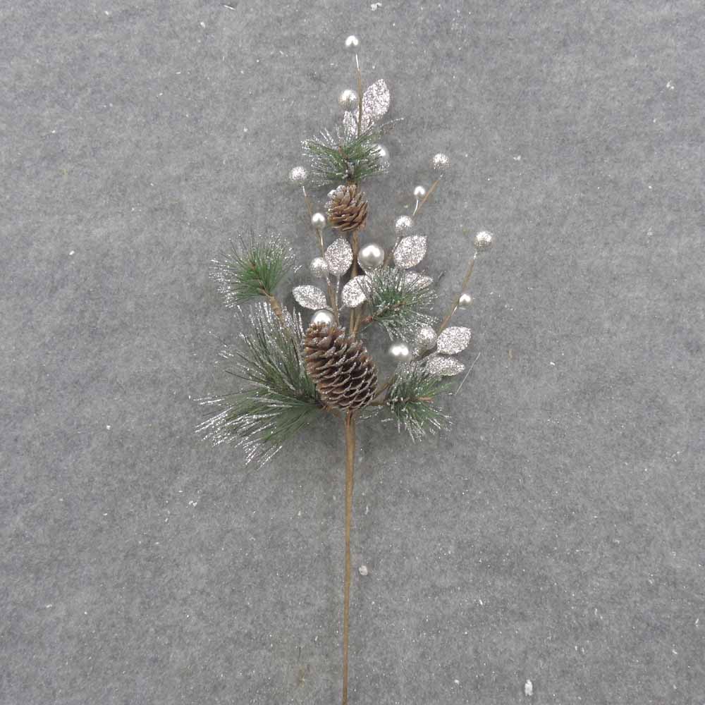 16" PINE & PINCONE SPRAY W/SILVER GLITTER EUCALYPTUS & BERRIES