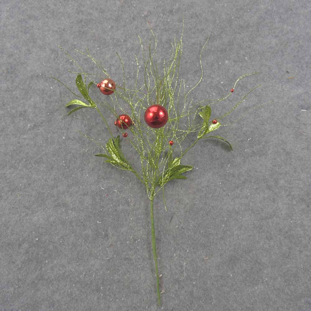 [XL0019] 16" GLITTER GRASS SPRAY W/ RED ORNAMENTS