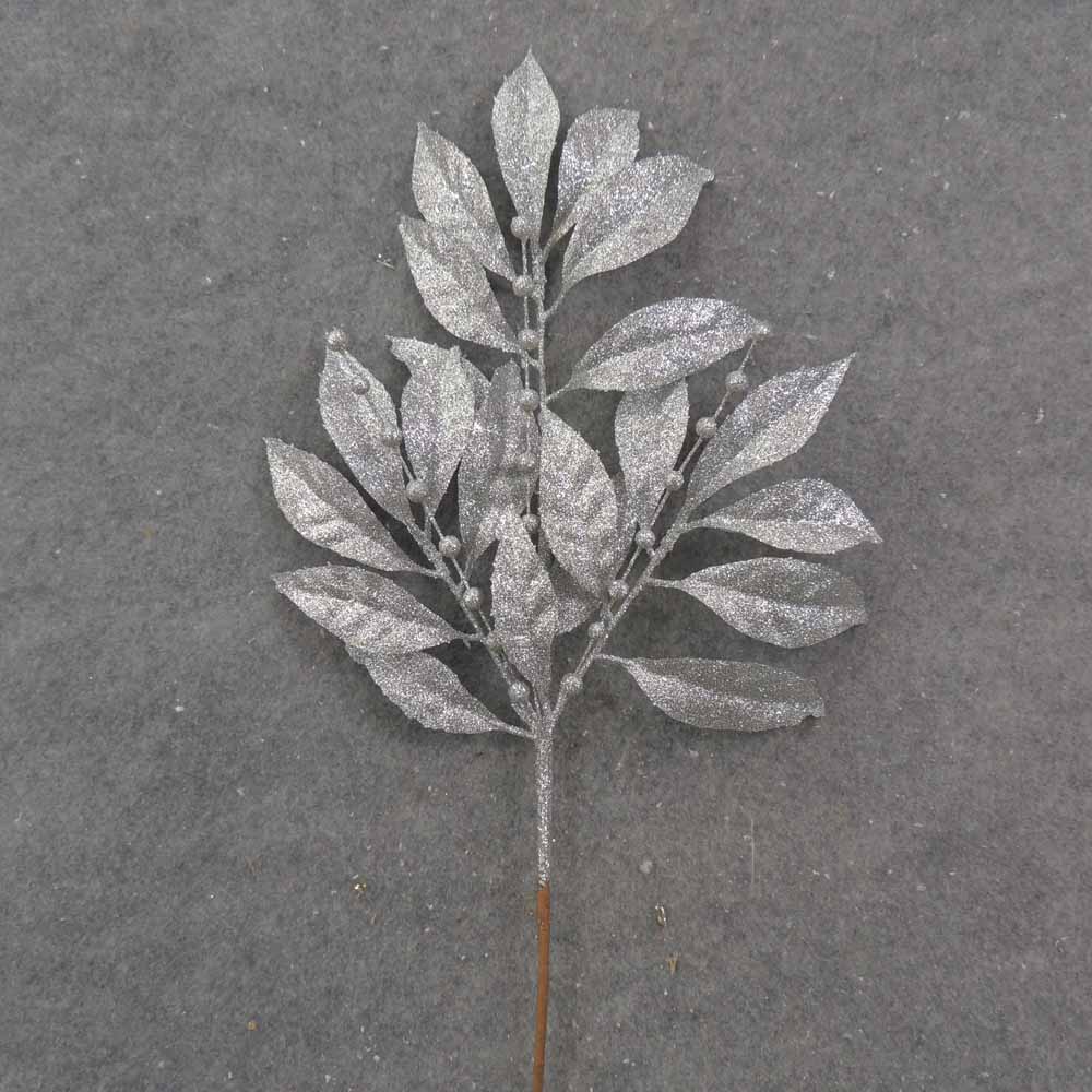 [XB0024-SIL] 19" SILVER GLITTER LEAF SPRAY X3