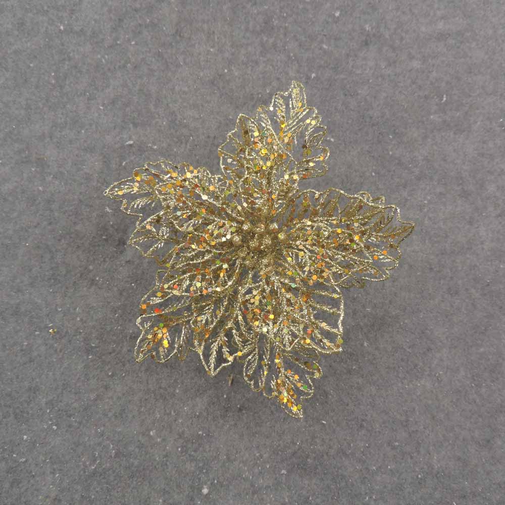 9&quot; GOLD GLITTER POINSETTIA ON CLIP
