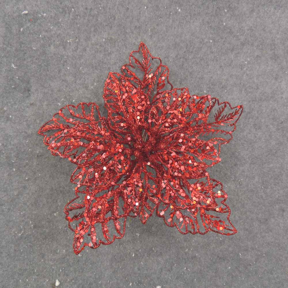 9" RED GLITTER POINSETTIA ON CLIP