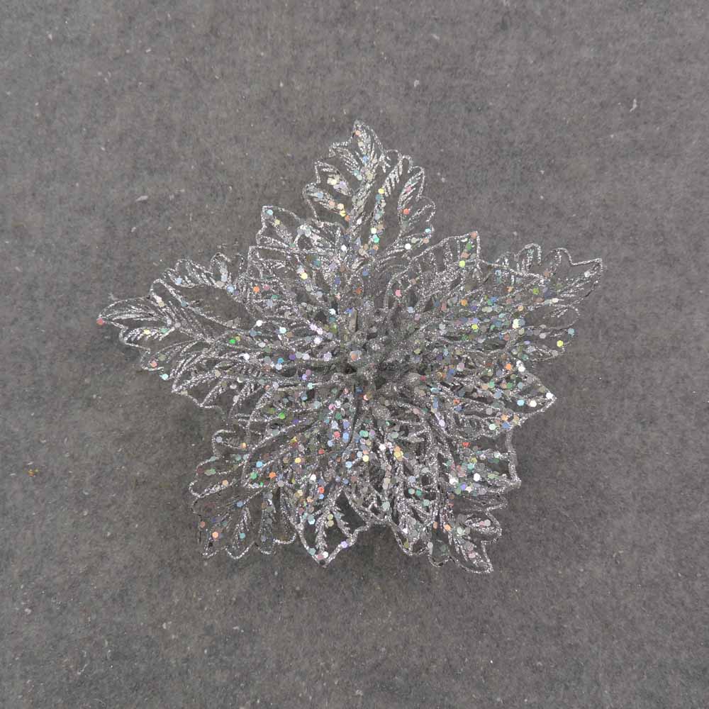 9" SILVER GLITTER POINSETTIA ON CLIP