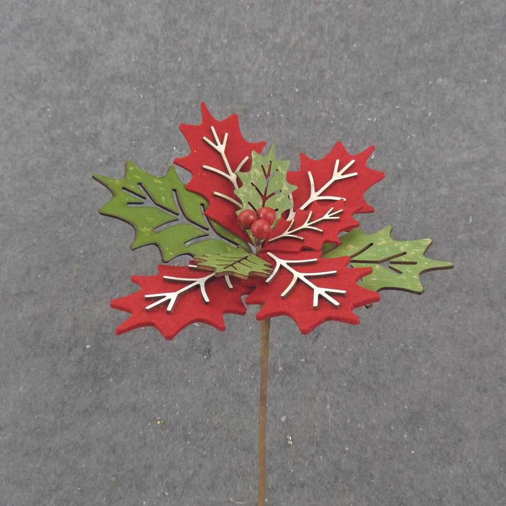 14" RED & GREEN WOOD CUTOUT POINSETTIA PICK
