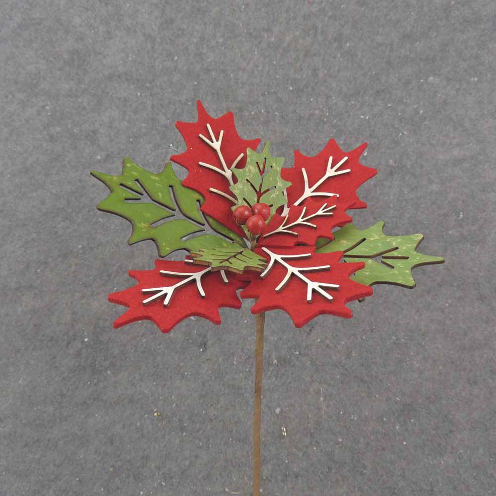 14&quot; RED &amp; GREEN WOOD CUTOUT POINSETTIA PICK