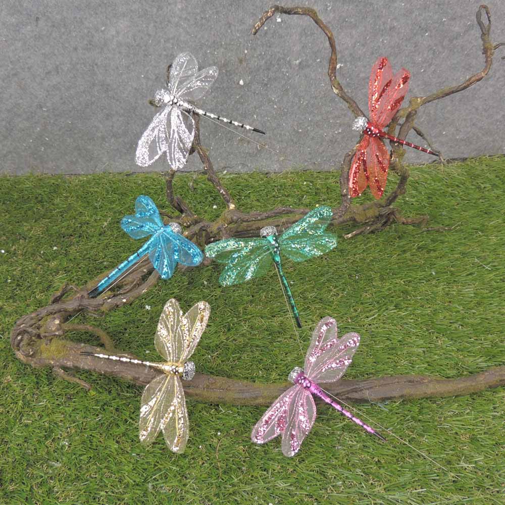 3.5"x4.5" GLITTER/FOIL DRAGONFLIES 6-ASST W/ WIRE