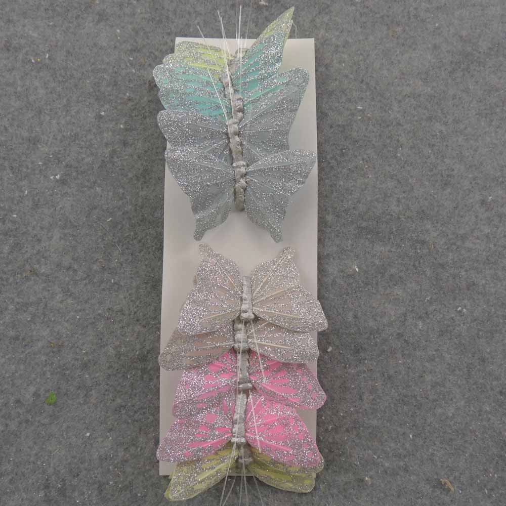 3" PASTEL BUTTERFLY W/SILVER GLITTER 6-ASST W/ WIRE