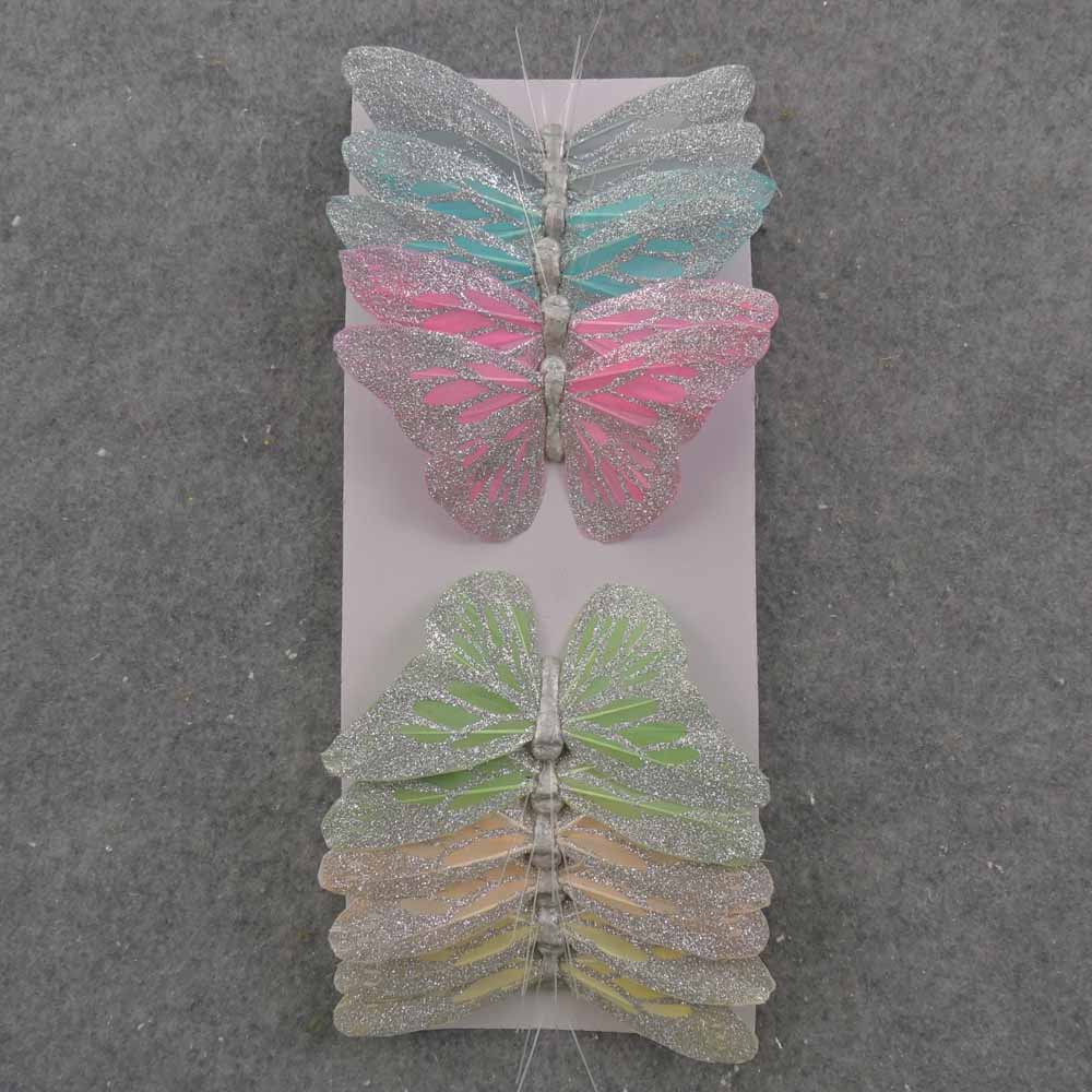 5" PASTEL BUTTERFLY W/SILVER GLITTER 6-ASST W/ WIRE