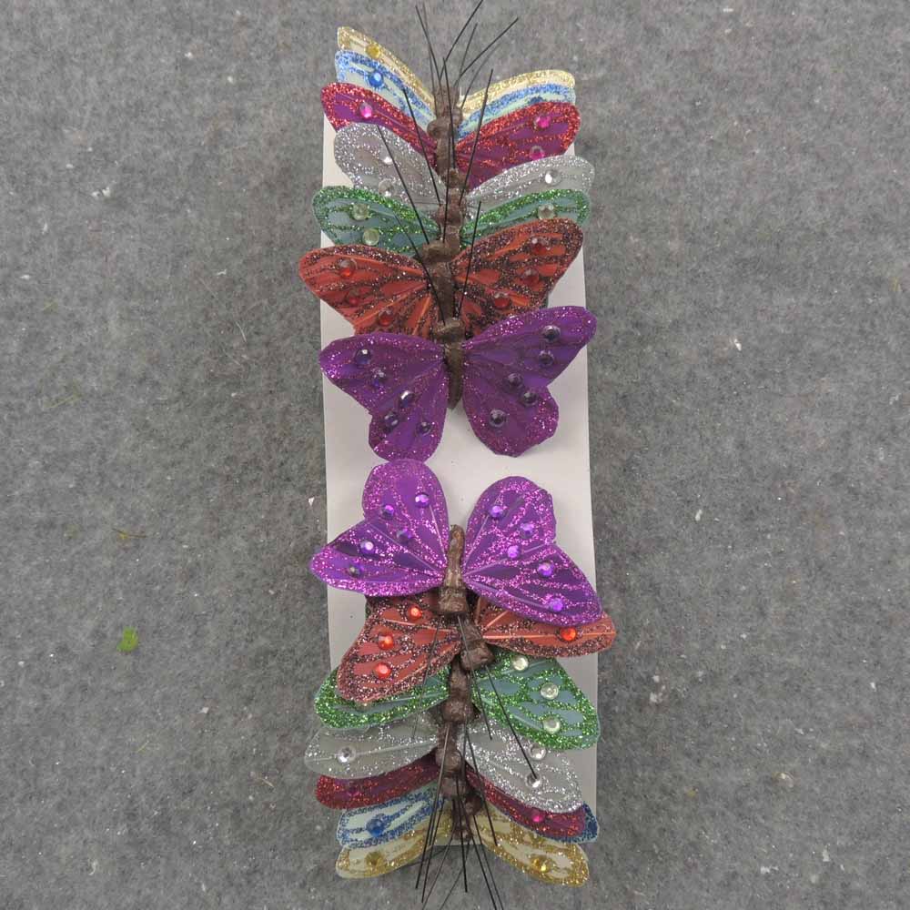 2.5" GLITTER BUTTERFLY W/GEMS 7-ASST W/ WIRE