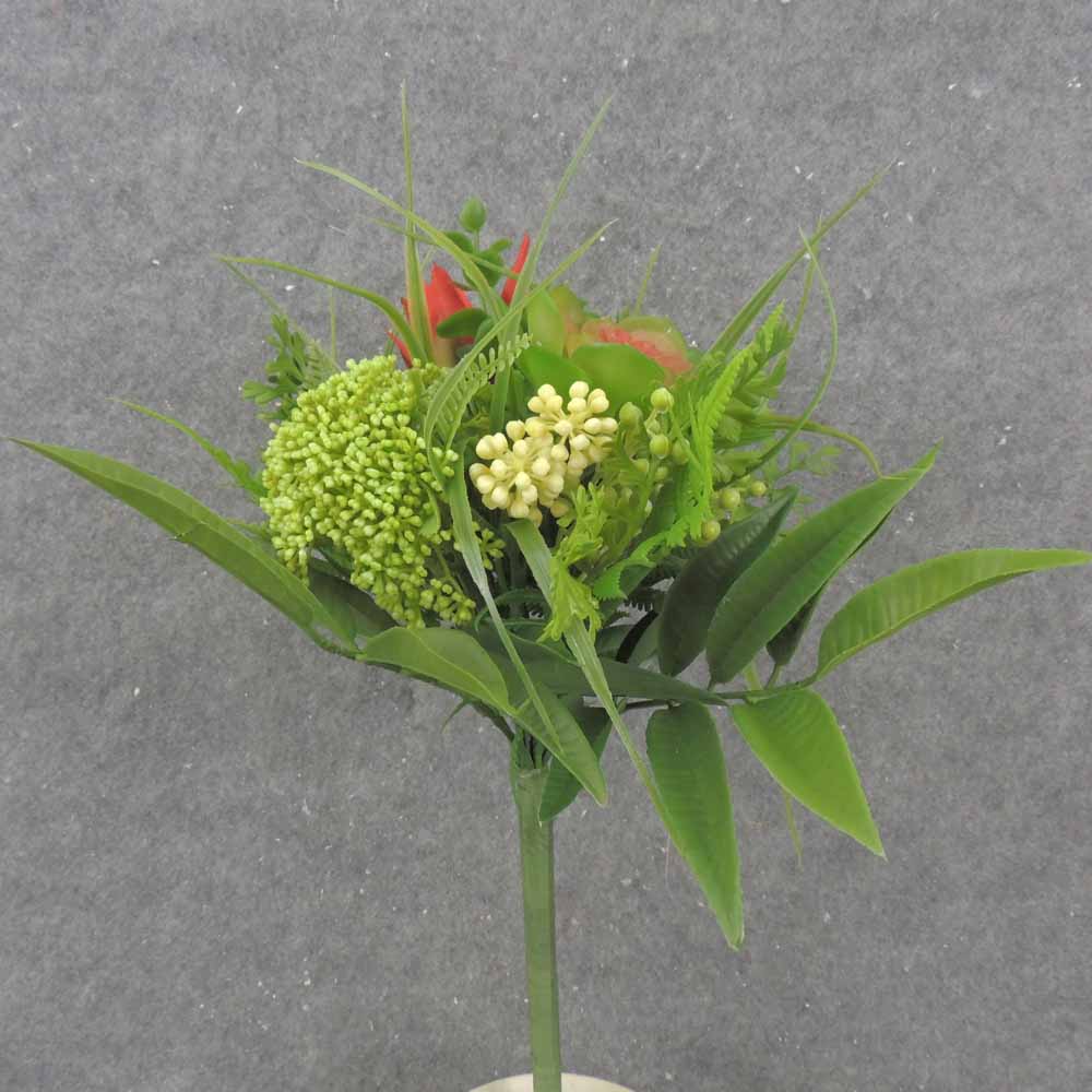 13" FERN, SUCCULENT & GRASS WRAPPED BUSH RED/GRN/CRM