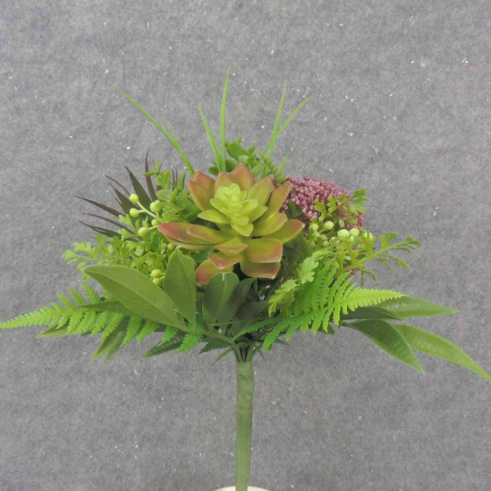 14" SUCCULENT, FERN & GRASS WRAPPED BUSH BURGUNDY/GREEN