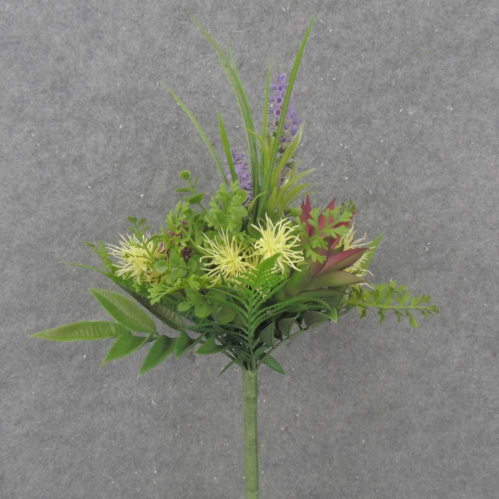 16" FERN, SUCCULENT & HEATHER WRAPPED BUSH CRM/PUR/BUR