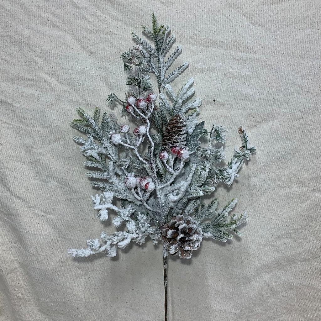 [XL1000] 19.5" FLOCKED PINE SPRAY W/ CONES & BERRIES 