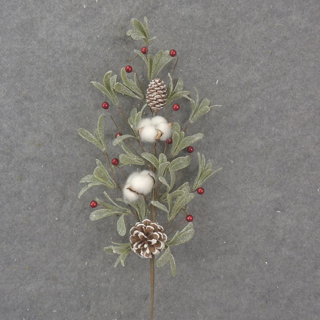[XL1002] 28" MISTLETOE & COTTON SPRAY W/ CONES & BERRIES