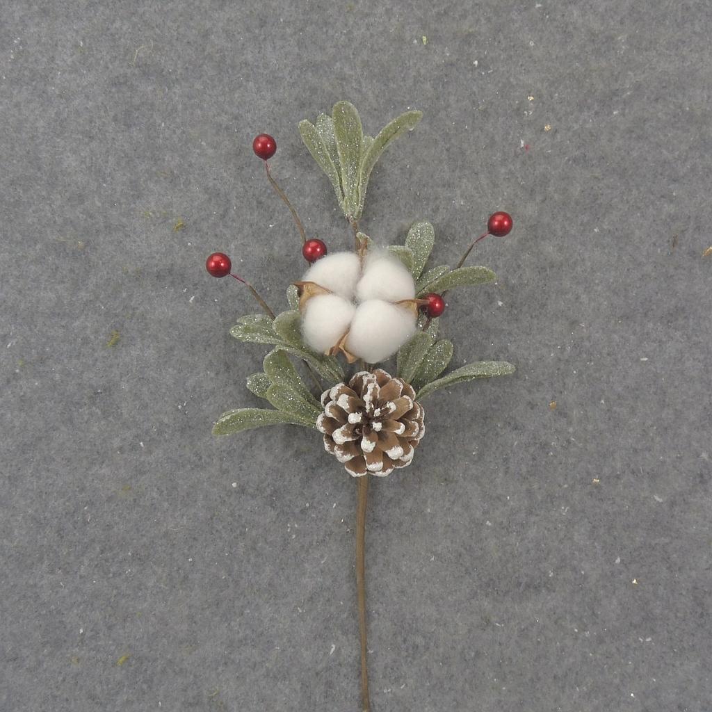 [XL1003] 12" MISTLETOE & COTTON PICK W/ CONE & BERRIES