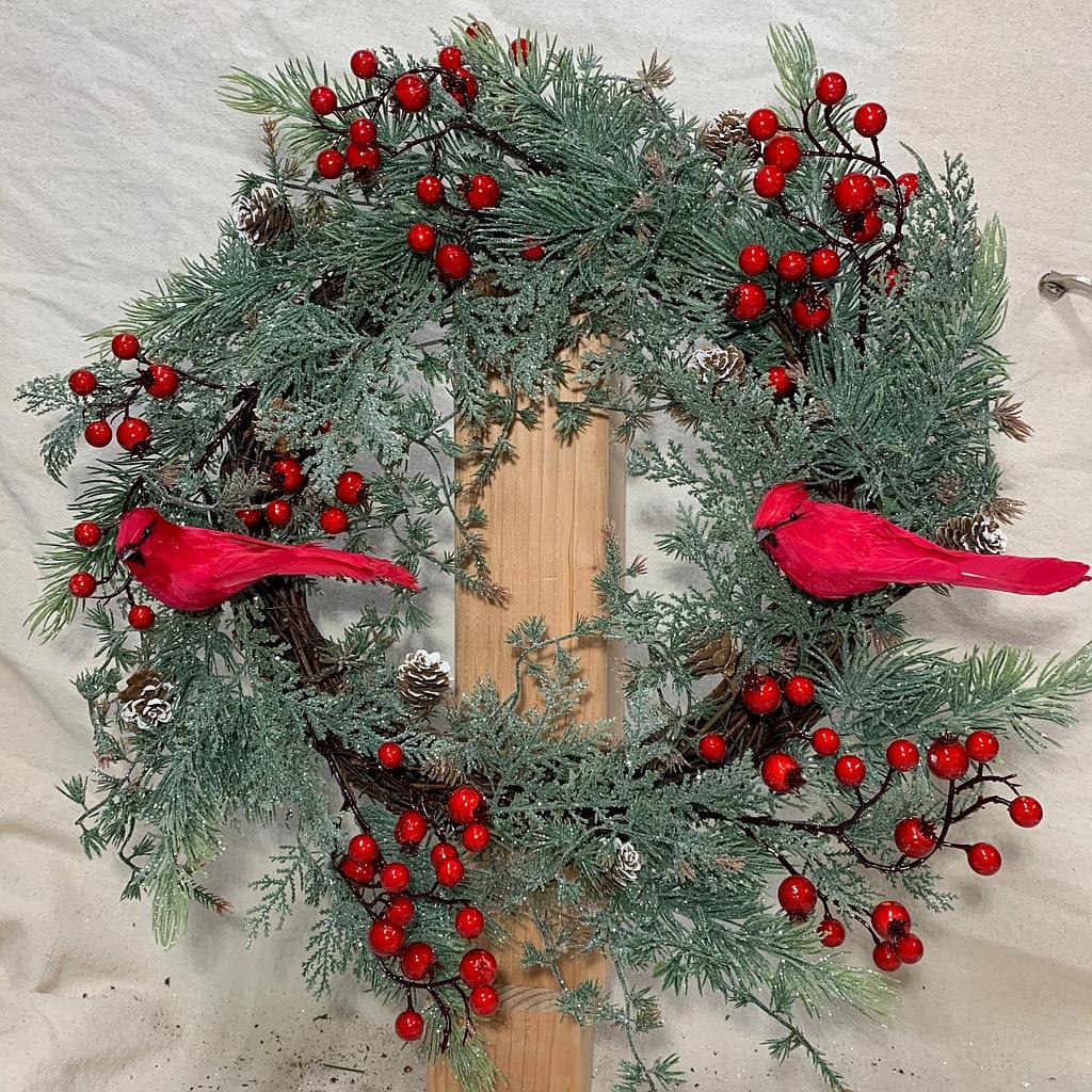 20&quot; PINE/CEDAR WREATH W/ CARDINALS/BERRIES/CONES