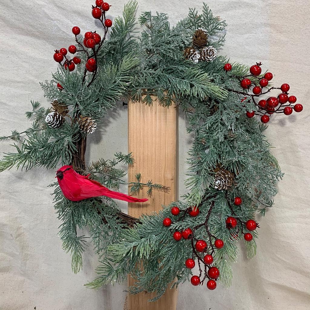 18" PINE/CEDAR WREATH W/ CARDINAL/BERRIES/CONES