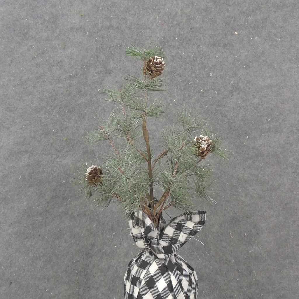 13" MING PINE TREE W/ CONES & B/W PLAID BALL BASE