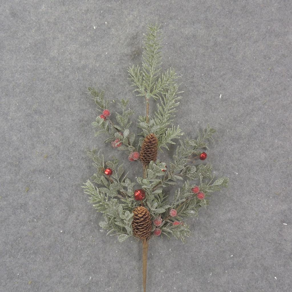 [XL1034-RED] 28" PINE/EUCALYPTUS SPRAY W/ BERRIES/CONES/BELLS RED