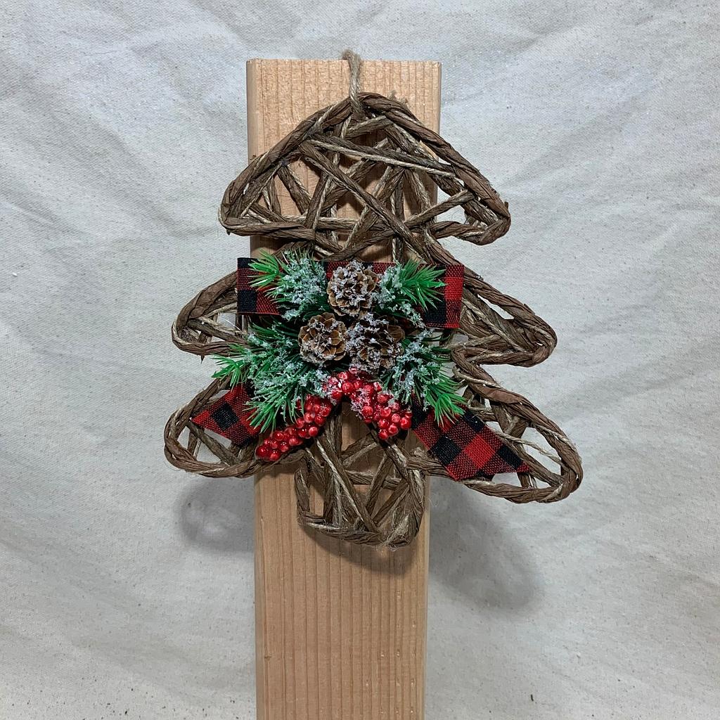 7.75" WOVEN JUTE TREE ORNAMENT W/ FLOCKED PINE & BOW