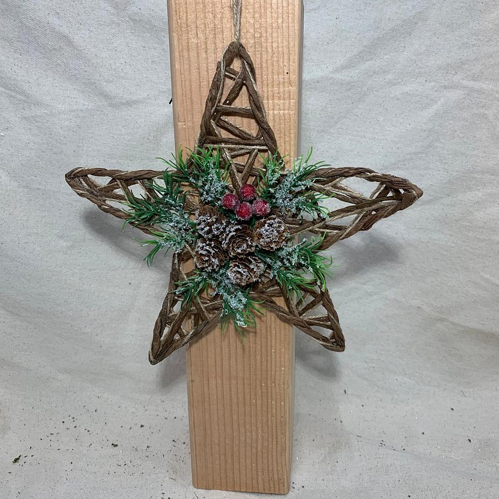 9.5" WOVEN JUTE STAR ORNAMENT W/ FLOCKED PINE