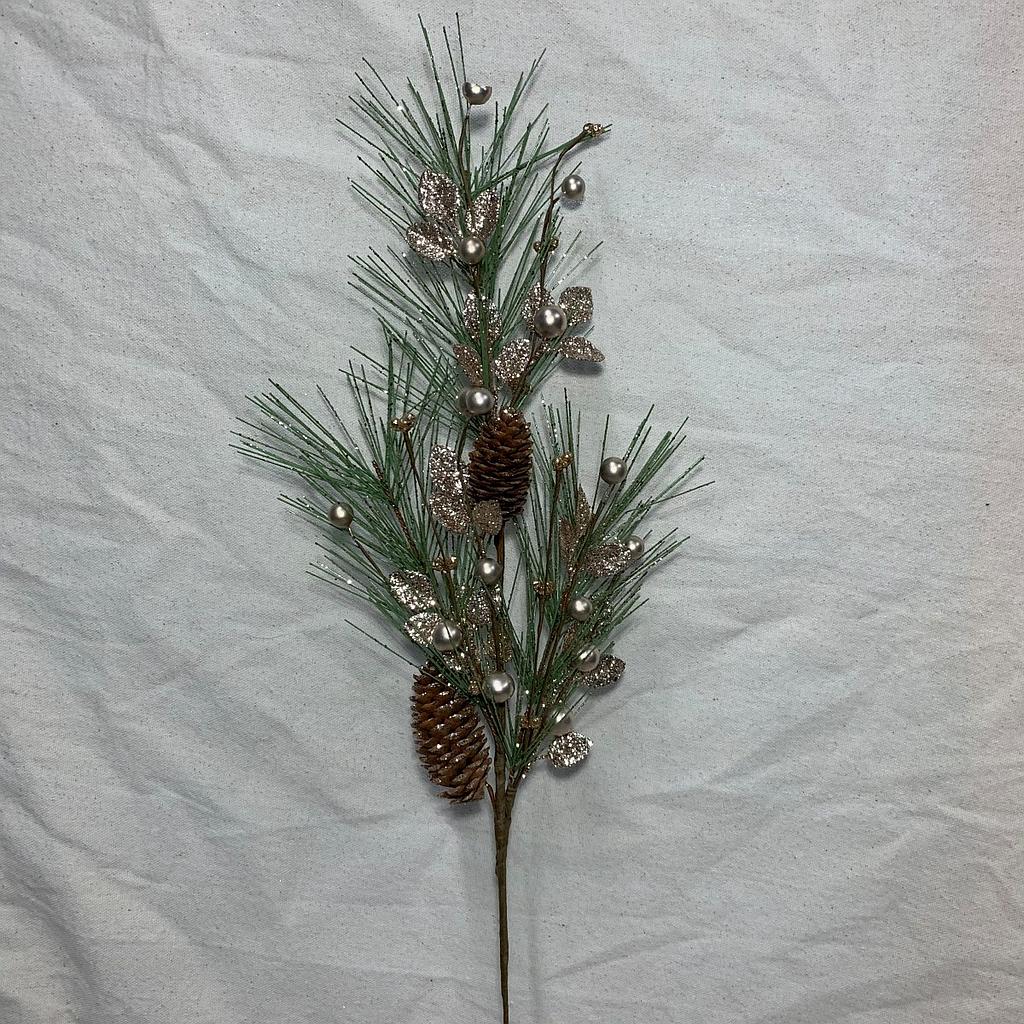 23.5&quot; PINE SPRAY W/ CHAMPAGNE GLITTER BERRIES/CONES/LEAF