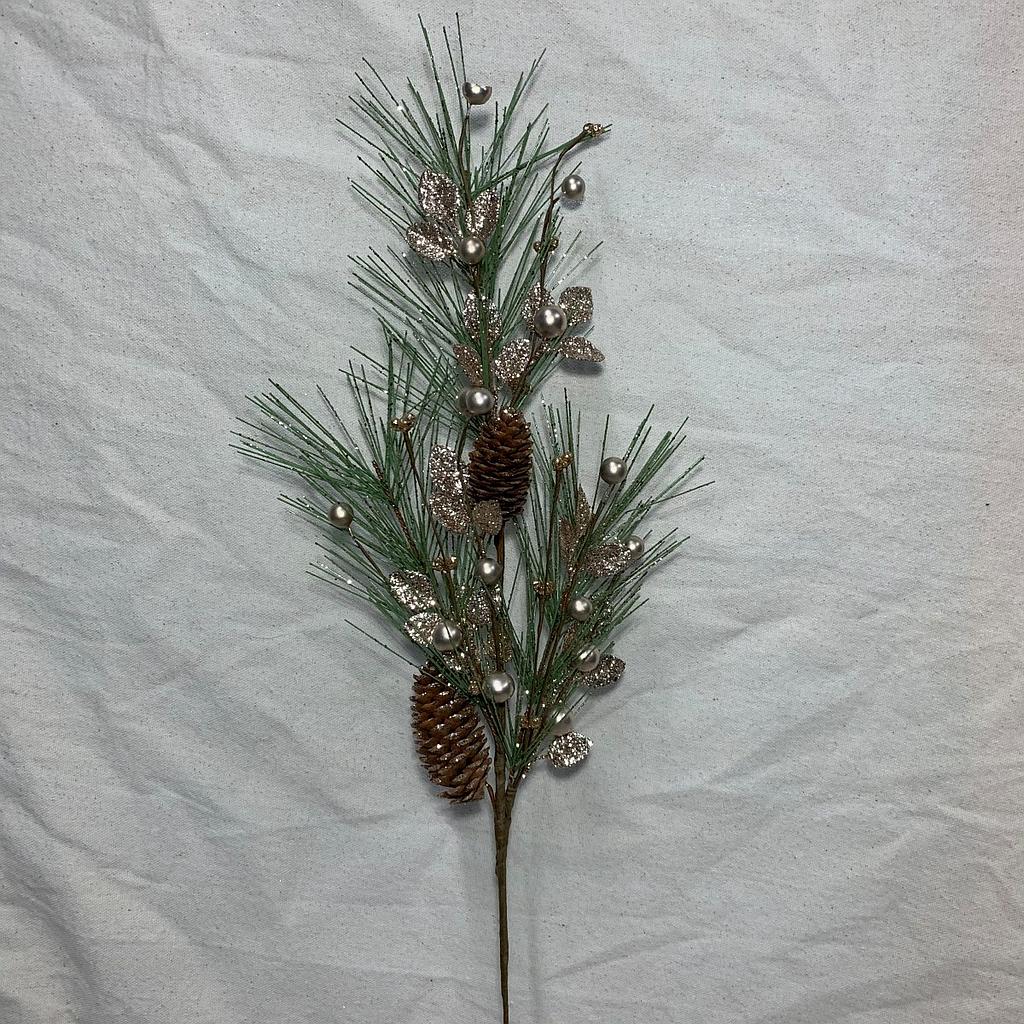 [XL1012] 23.5" PINE SPRAY W/ CHAMPAGNE GLITTER BERRIES/CONES/LEAF