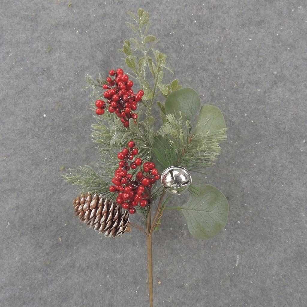 [XL1027] 17" PINE/EUCALYPTUS SPRAY W/ RED BERRIES & BELL