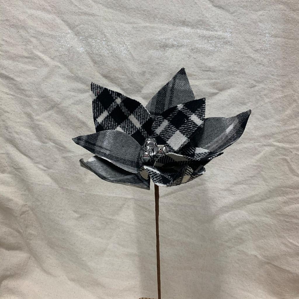 13" POINSETTIA PICK W/BELLS BLACK/WHITE PLAID