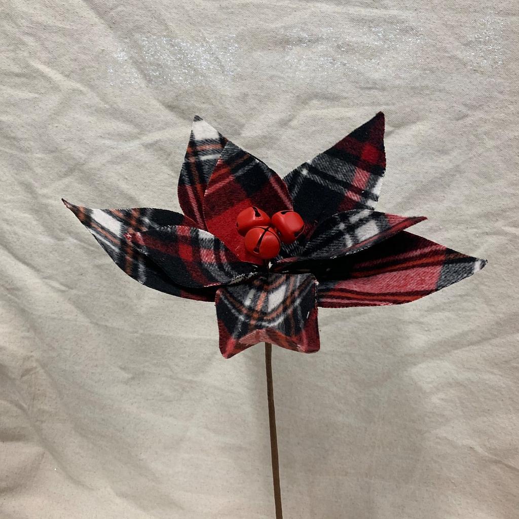 13" POINSETTIA PICK W/BELLS RED/BLACK/WHTE PLAID