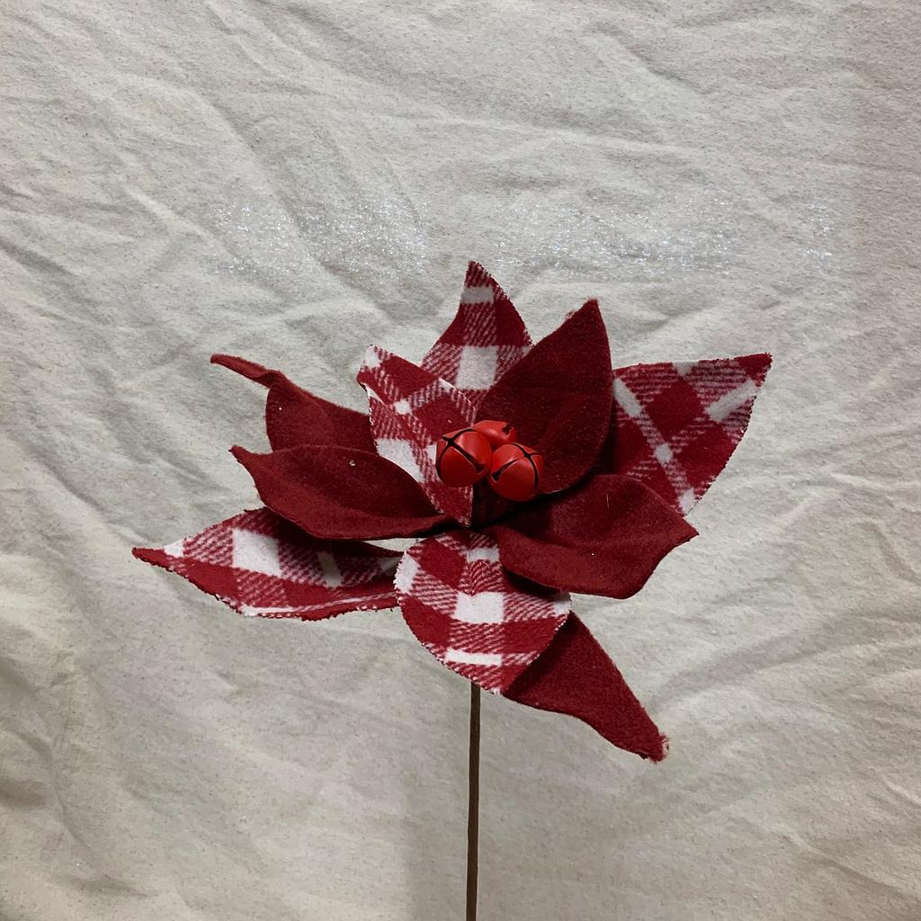 13" POINSETTIA PICK W/BELLS DARK RED/WHITE