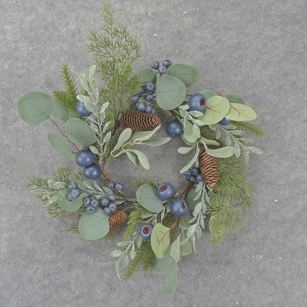 6.5" EUCALYPTUS/PINE CANDLE RING W/ CONES & BLUE BERRIES